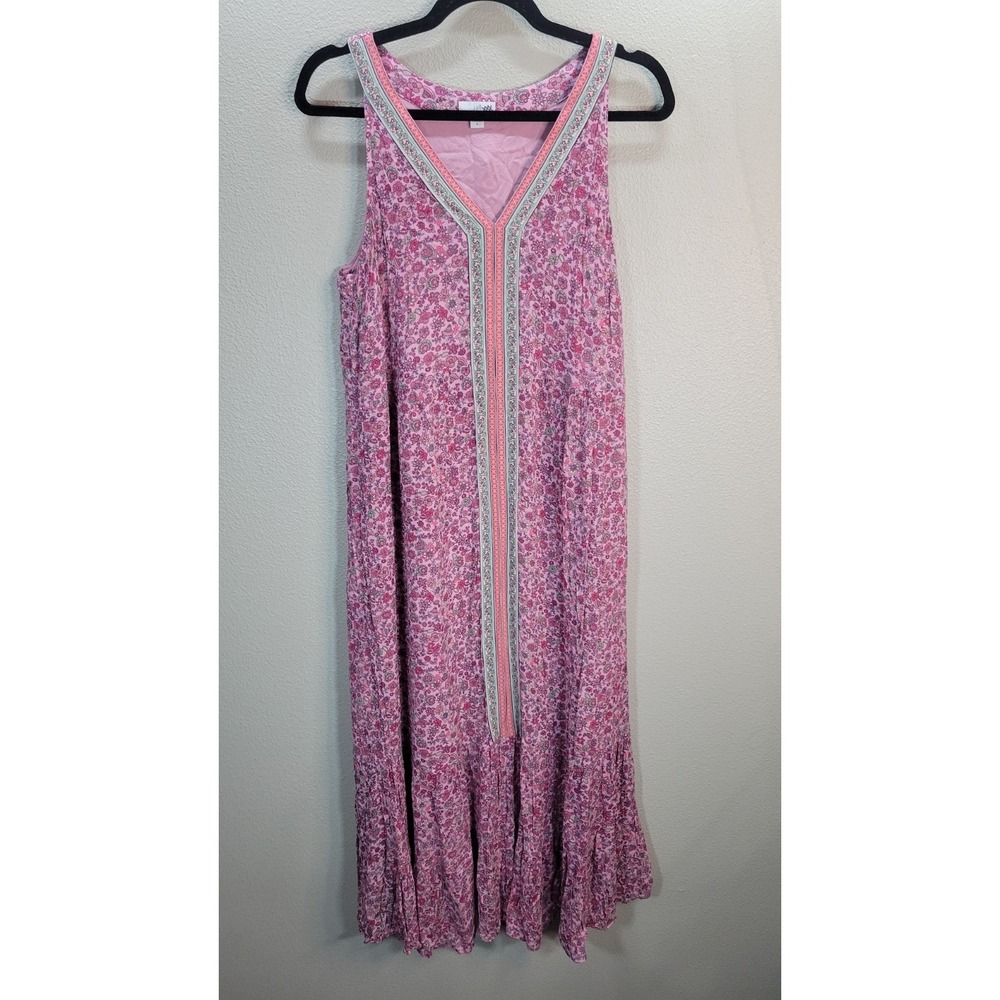 J.Jill Pink Floral Maxi Dress Size M Sleeveless Boho Tiered Rayon‎ Cottagecore